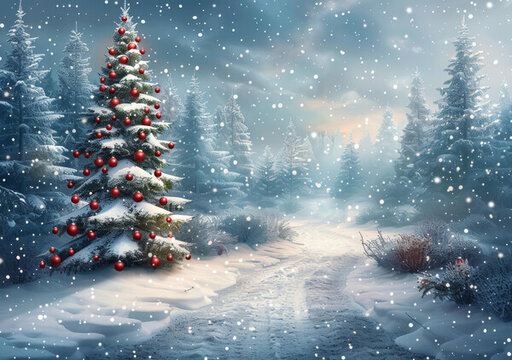 冬日雪景中的圣誕樹
