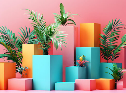 熱帶植物彩色方塊極簡(jiǎn)3D插畫