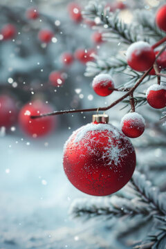 一顆紅色的圣誕裝飾球掛在白雪皚皚的樹枝上