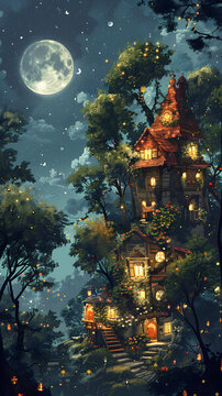 夢幻小屋夜空中的仙燈