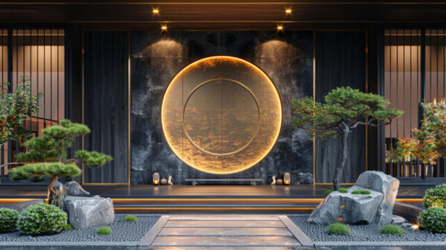 一幅寧靜的枯山水圖，庭院中有一座月亮門