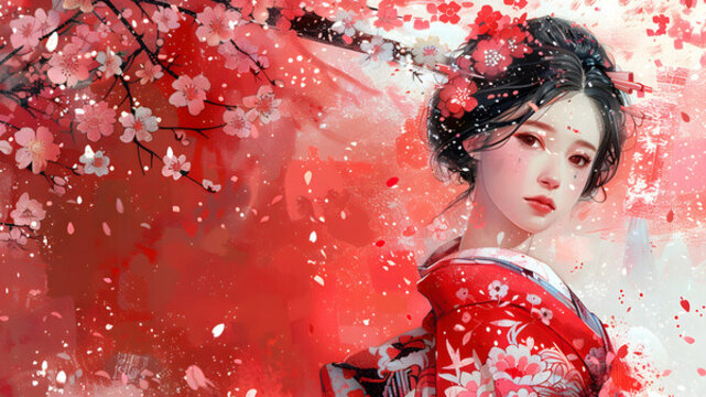 一個(gè)美麗的黑發(fā)和服日本女人站在櫻花盛開的田野里。