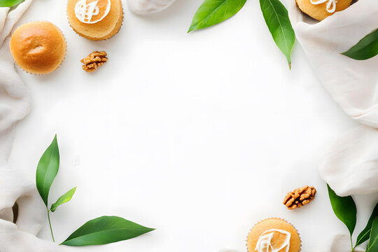 白色背景上綠葉和紙杯蛋糕的創(chuàng)意擺拍