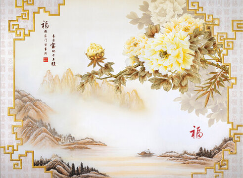 工藝玻璃背景墻國色天香