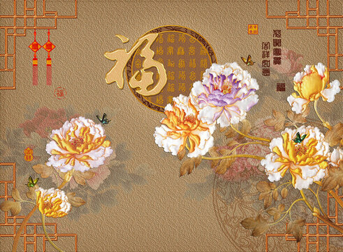 歐式工藝玻璃背景花開富貴