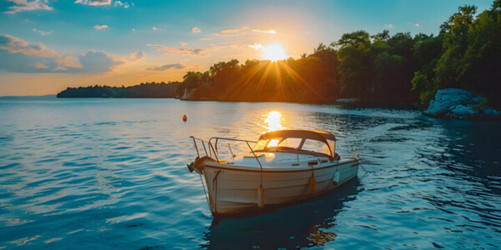寧?kù)o的海面上，一艘小船靜靜地停泊在夕陽(yáng)下