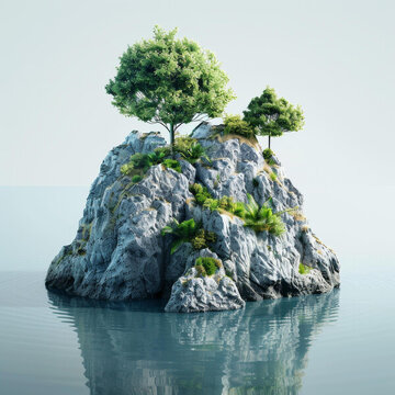一塊長有植物的巖石孤島矗立在汪洋大海之中