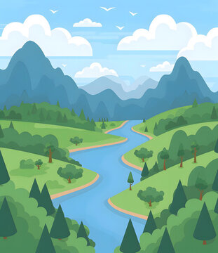 山谷河流風(fēng)景插畫