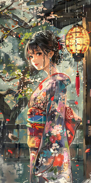 一個穿著和服的美麗日本女人站在一個有櫻花的雨中