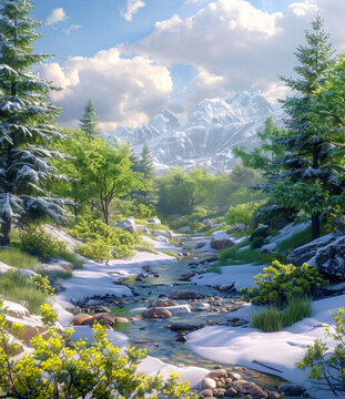 白雪皚皚的山谷中積雪融化成了一條小河