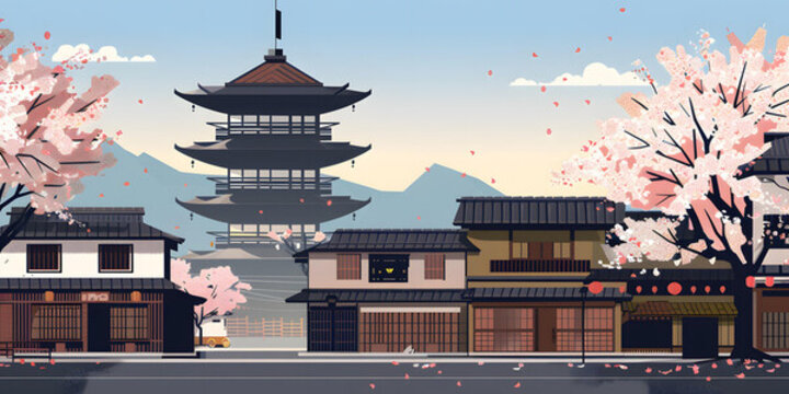 櫻花樹下的日本建筑風(fēng)格