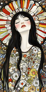 彩色花朵王冠女性肖像插畫