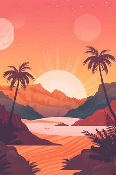 夕陽棕櫚樹山脈插畫