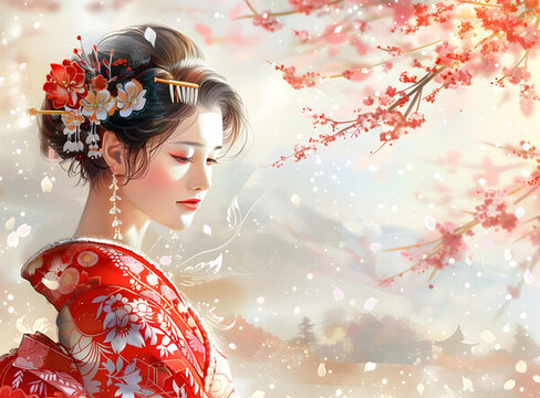 身穿紅色和服的美麗日本女子站在雪地森林中