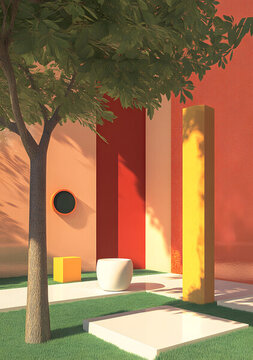 抽象極簡3D插畫，樹木，方形平臺和黃色柱子