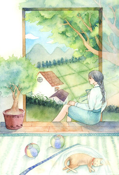 少女坐在門口