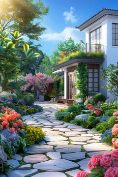 花園里鋪著石板路周圍鮮花盛開綠樹成蔭
