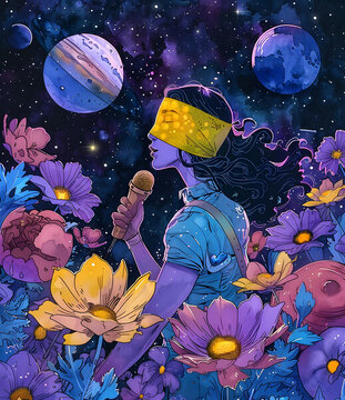宇宙之歌：花叢中的蒙眼歌唱女子