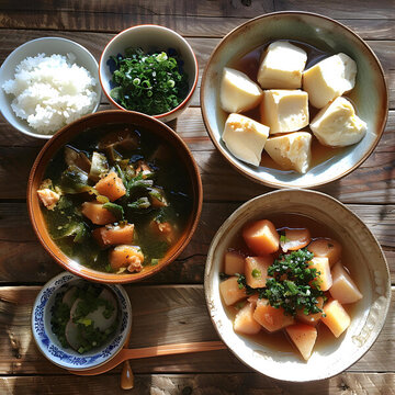 日式家常菜肴擺放在木桌上