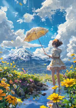 雨中撐傘的少女