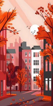 秋季紅葉城市景觀插畫