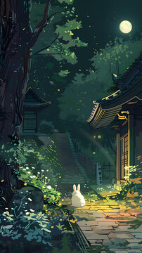 夜幕下的日本庭院與小白兔
