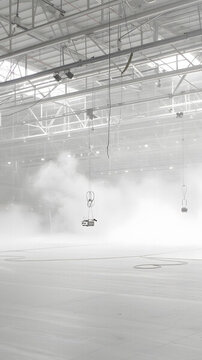霧氣彌漫的空曠工業(yè)建筑內(nèi)部