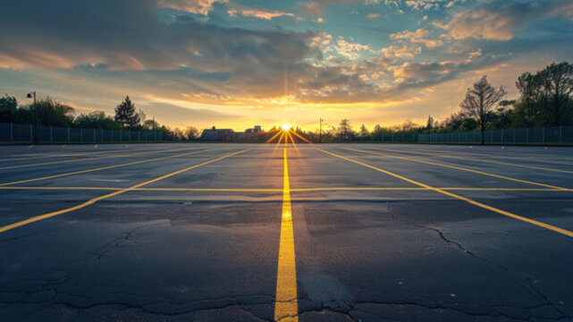夕陽(yáng)下空曠的停車(chē)場(chǎng)