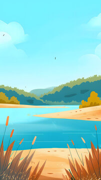 夏日河邊風(fēng)景插畫
