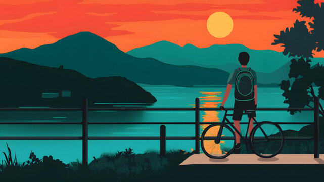 背著背包的男人在夕陽(yáng)下遠(yuǎn)眺山川湖泊的剪影