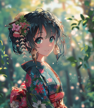 身穿和服的黑發(fā)碧眼動漫女孩在森林中
