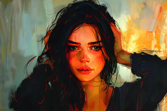 黑發(fā)綠眼少女肖像