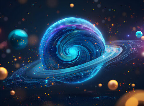 一顆被發(fā)光光環(huán)包圍著的藍(lán)色星球，周?chē)h(huán)繞著恒星和行星