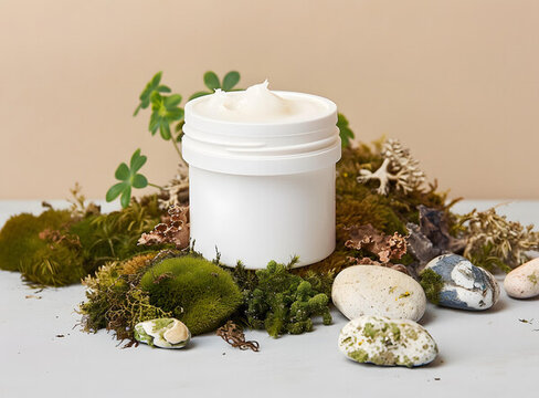 綠色苔蘚和石頭上白色的護膚霜罐