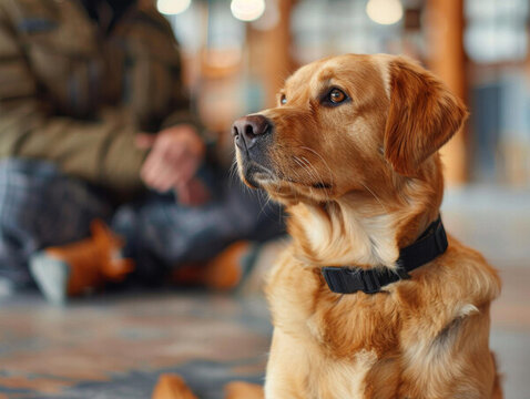 一只棕色的金毛獵犬在看著遠方背景中有人