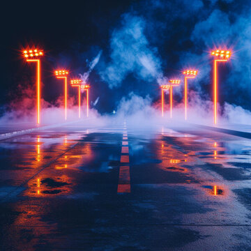 未來(lái)派公路路燈閃耀霧氣彌漫
