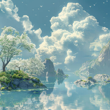 夢幻般的春天風(fēng)景：白花盛開的樹木和山脈