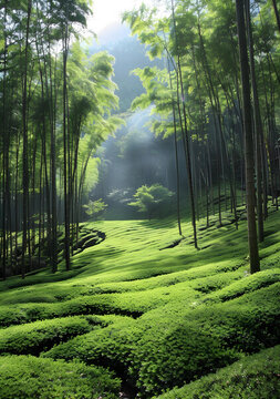 在日本，陽(yáng)光穿過(guò)竹林照耀在綠色的茶園上