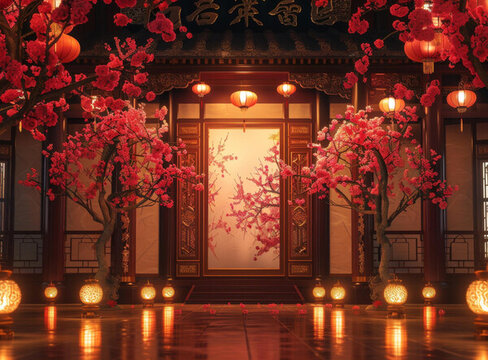 紅燈籠和櫻花樹的中國庭院