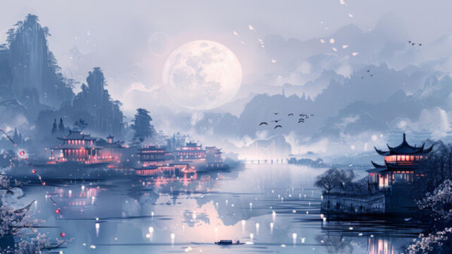 河畔明月映古建