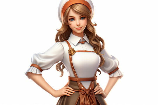 一位穿著棕色和白色連衣裙的美麗少女，戴著白色帽子和圍裙，微笑著看向觀眾