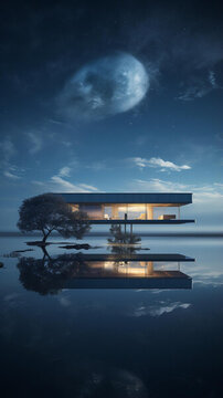 湖畔現(xiàn)代住宅夜空繁星點(diǎn)點(diǎn)