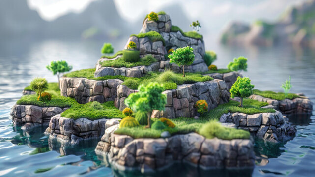 微縮景觀 綠樹巖石小島