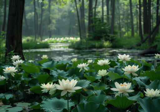 森林池塘中寧靜的白蓮花