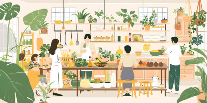充滿綠植的廚房里，一家四口其樂融融地做飯