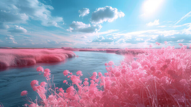 美麗的風(fēng)景與粉色的花朵和遠(yuǎn)處的河流