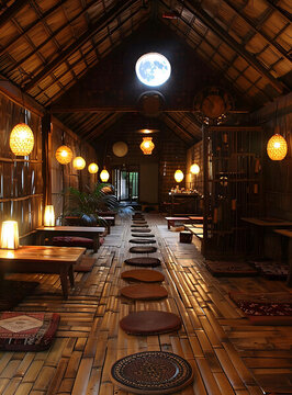 竹屋室內(nèi)設(shè)計，木地板和靠墊