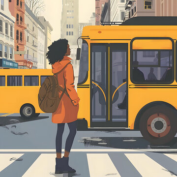 城市中等待公交車(chē)的年輕黑人女性