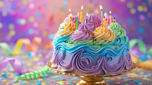 金色蛋糕架上的彩虹生日蛋糕，插著蠟燭