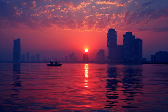 夕陽下的城市和河上的船